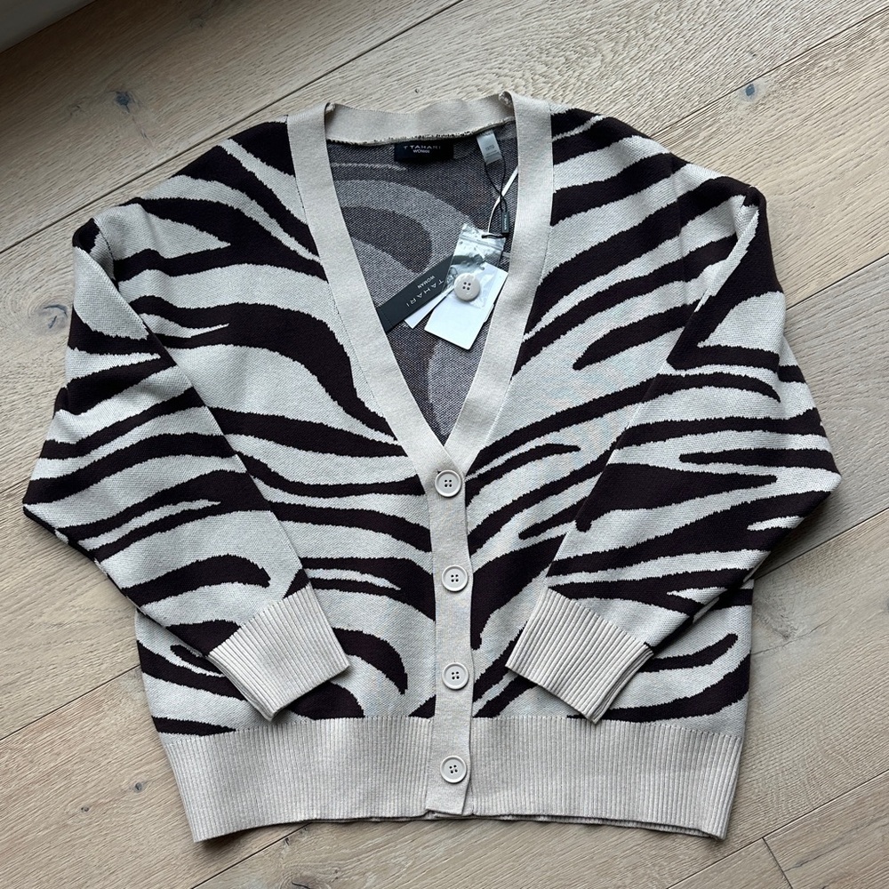 T Tahari Animal Print Cardigan - Black and Cream